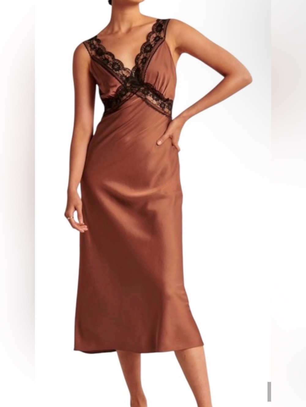 Abercrombie & Fitch Brown Satin Slip Dress with Black Lace Trim (mix30)